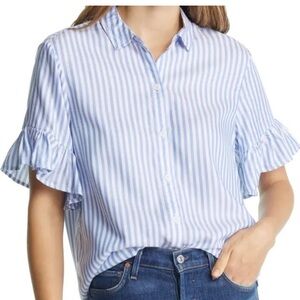 BeachLunchLounge- Ruffle Sleeve Blue White Stripes Button Down. L. Originally$58